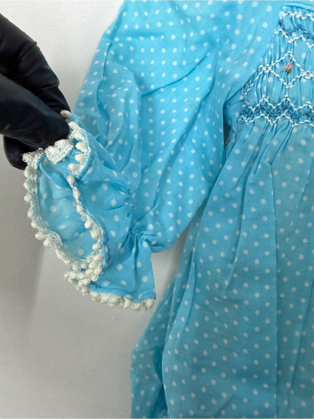 Polly Flinders Girls Vintage Hand Smocked Polka Dot Dress Blue Size 3 Picot Trim - Picture 5 of 9